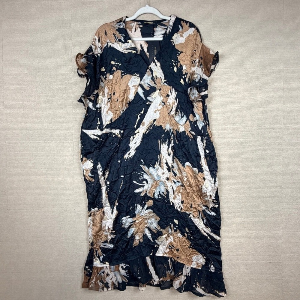 Alembika Crinkled Shimmer Dress XS Black Tan Abstract Metallic Lagenlook NWT